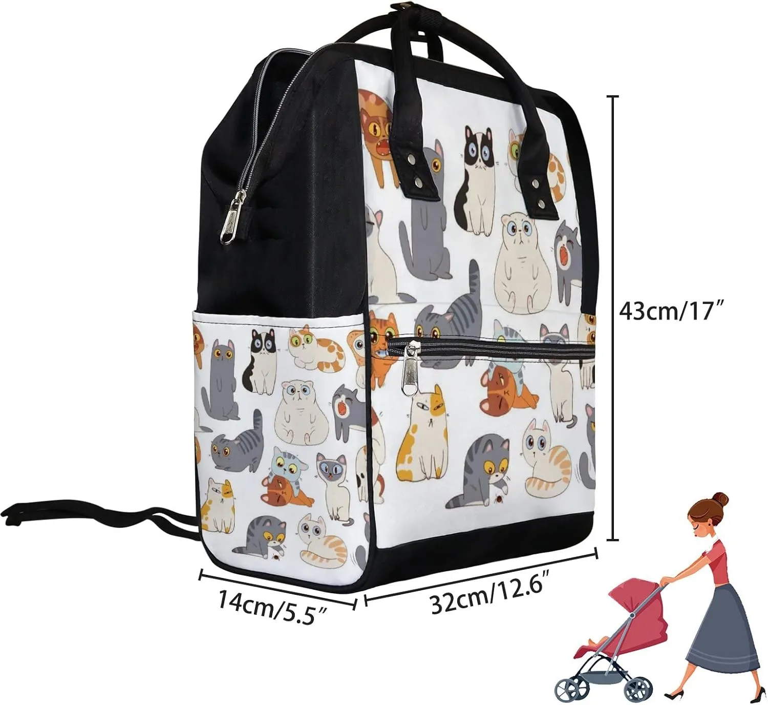 White Cute Kawaii Colorful Cats Diaper Bag Backpack, waterproof backpack Baby Nappy Changing Bags Laptop Backpack for Travel, Large Capacity, Durable and Stylish for Woman and Men.