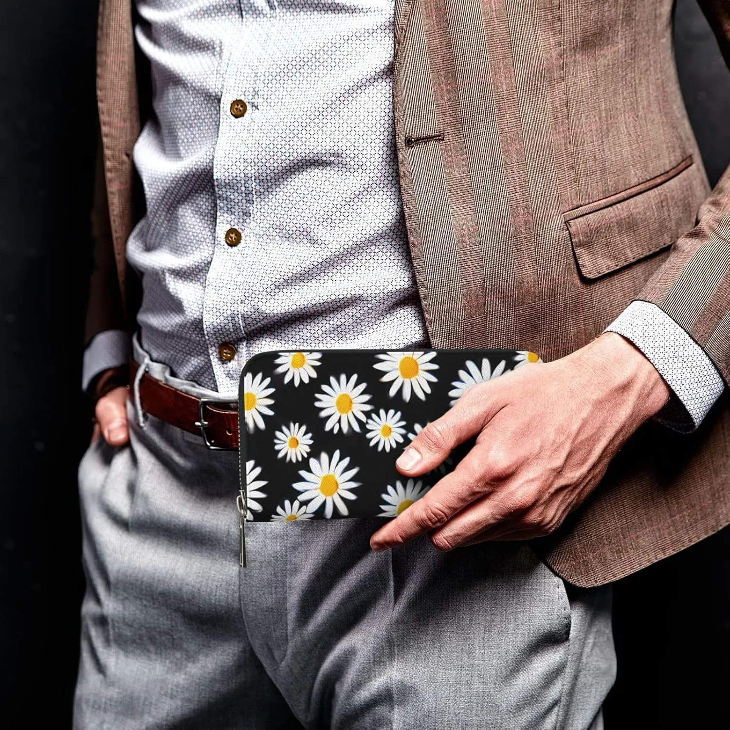 White Daisy Flowers Wallets PU Leather Wallet For Women Men Zipper Credit Card Purse Long Clutch Purse