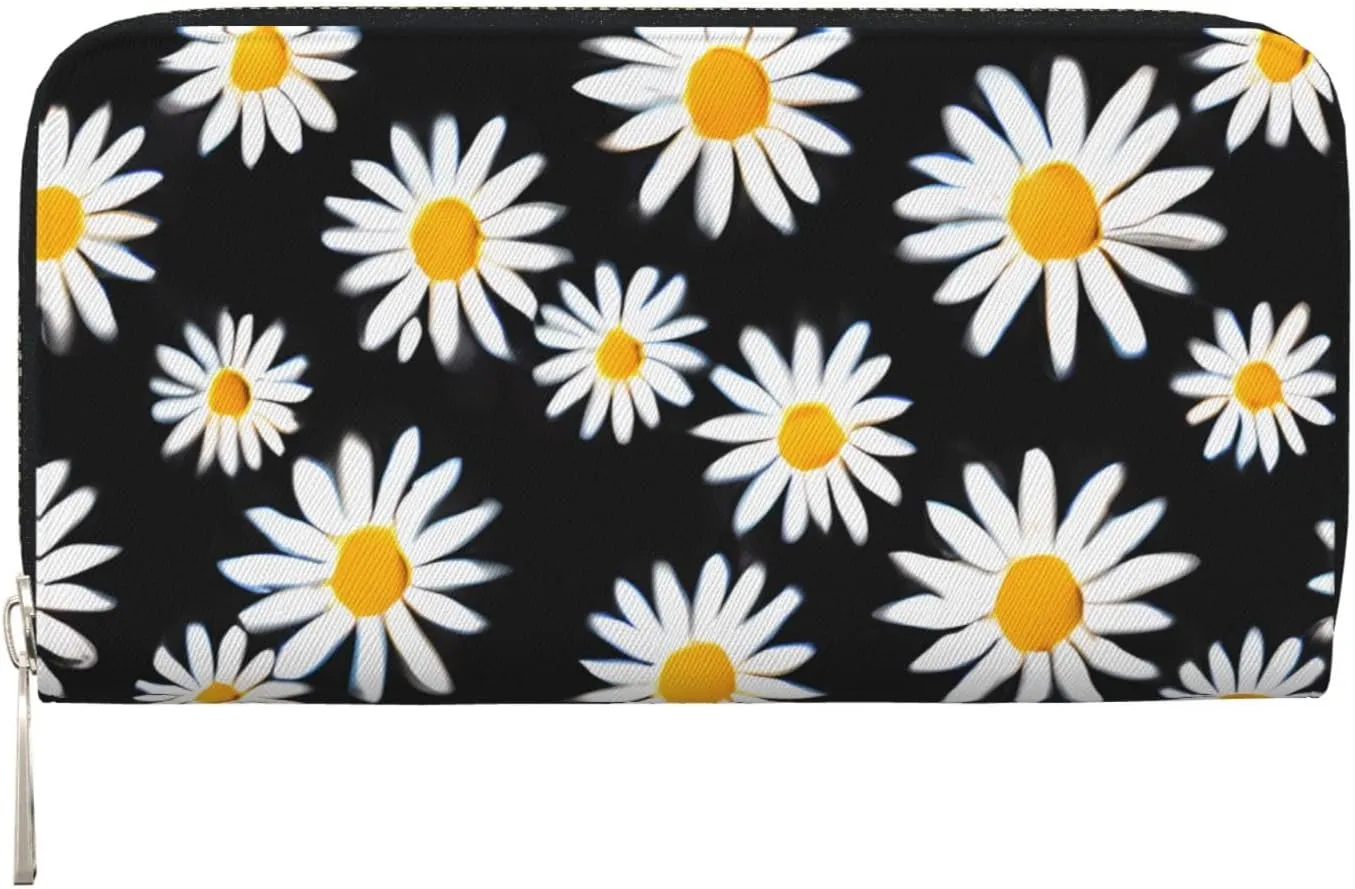 White Daisy Flowers Wallets PU Leather Wallet For Women Men Zipper Credit Card Purse Long Clutch Purse