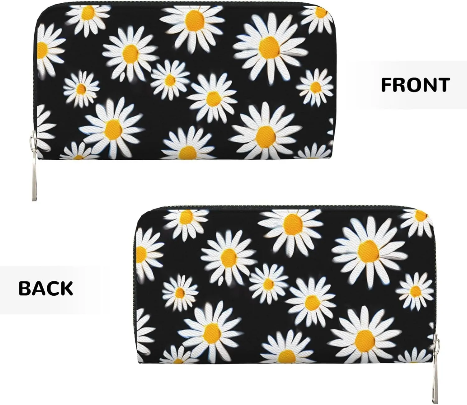 White Daisy Flowers Wallets PU Leather Wallet For Women Men Zipper Credit Card Purse Long Clutch Purse