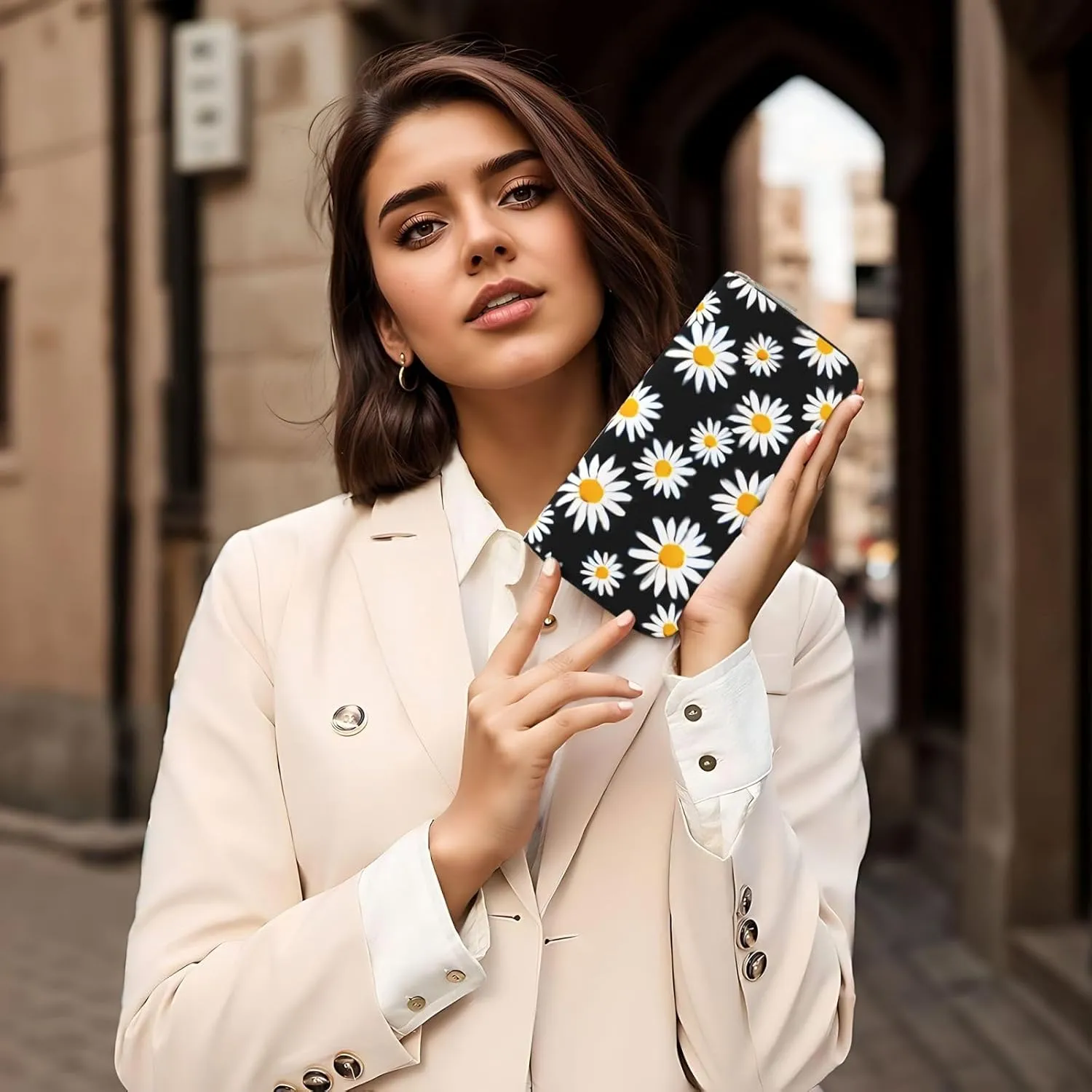 White Daisy Flowers Wallets PU Leather Wallet For Women Men Zipper Credit Card Purse Long Clutch Purse