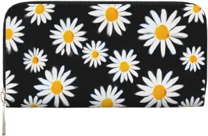 White Daisy Flowers Wallets PU Leather Wallet For Women Men Zipper Credit Card Purse Long Clutch Purse