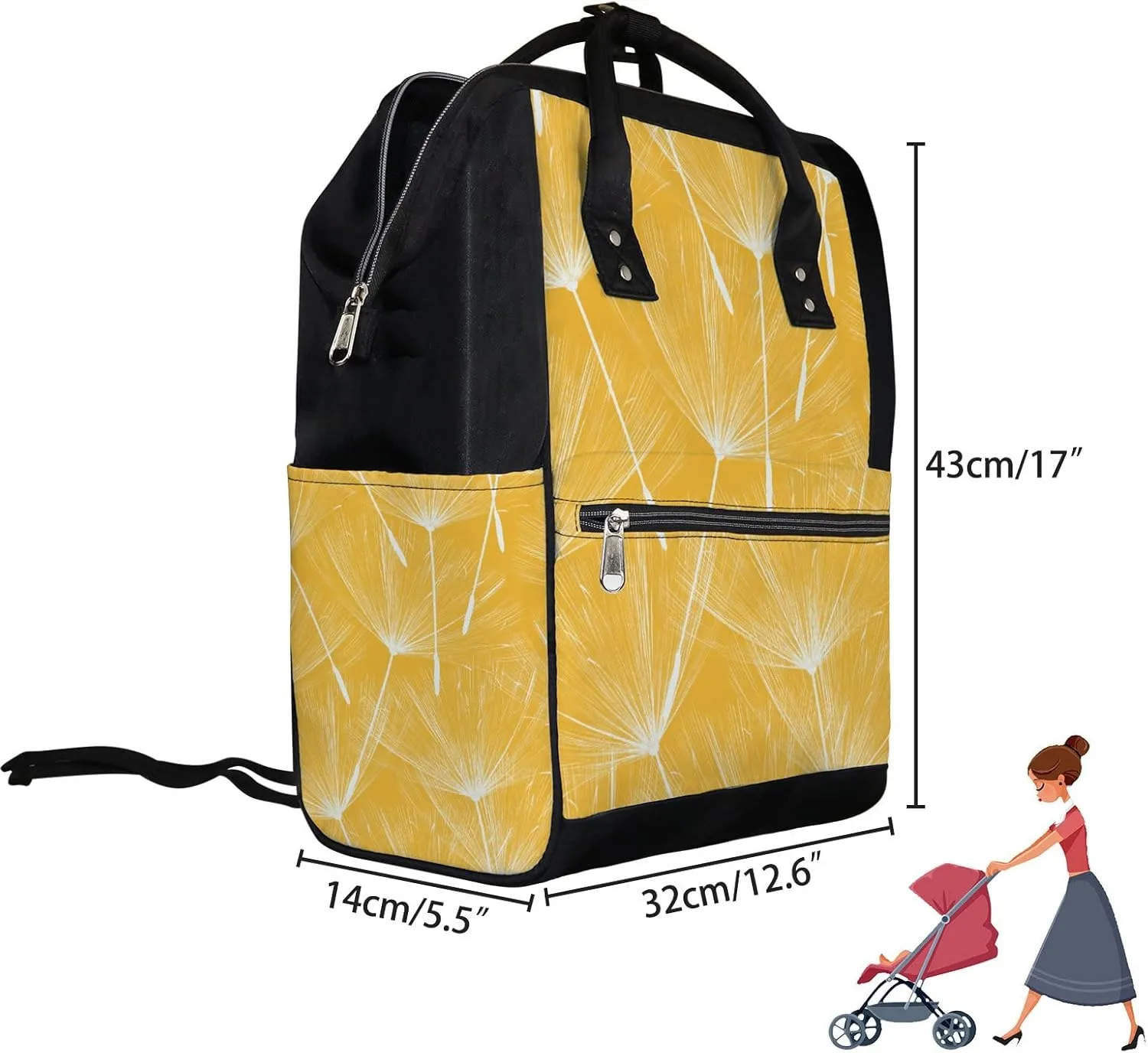 White Dandelion Yellow Diaper Bag Backpack Waterproof Backpack Baby Nappy Changing Bag for Travel Large Capacity Durable and Stylish for Woman