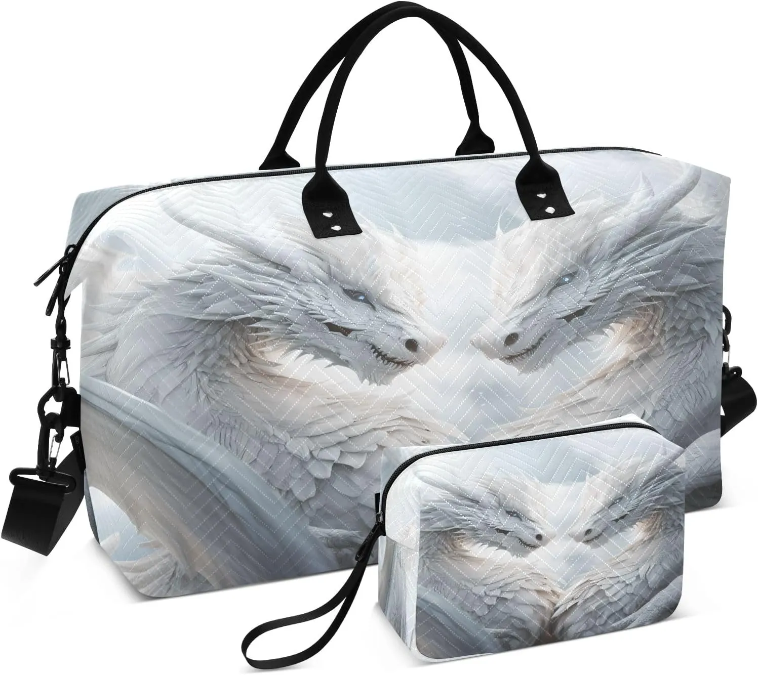 White Dragons Couple Travel Duffel Bags with Toiletry Bag and Adjustable Strap for Travel Gym Yoga