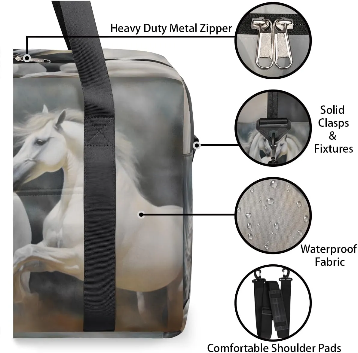 White Horses Long Flowing Manes Womens Travel Bags, Weekender Carry on for Women, Sports Gym Bag, Workout Duffel bag, Overnight Shoulder Bag