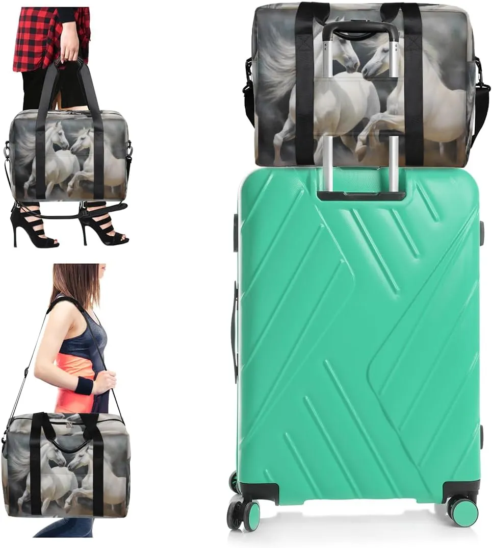 White Horses Long Flowing Manes Womens Travel Bags, Weekender Carry on for Women, Sports Gym Bag, Workout Duffel bag, Overnight Shoulder Bag