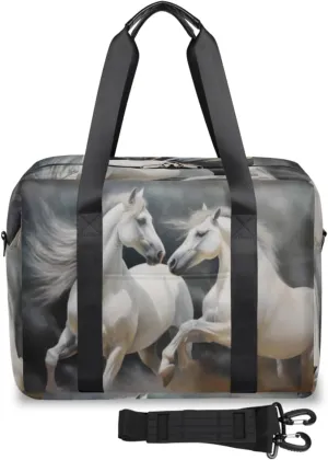White Horses Long Flowing Manes Womens Travel Bags, Weekender Carry on for Women, Sports Gym Bag, Workout Duffel bag, Overnight Shoulder Bag