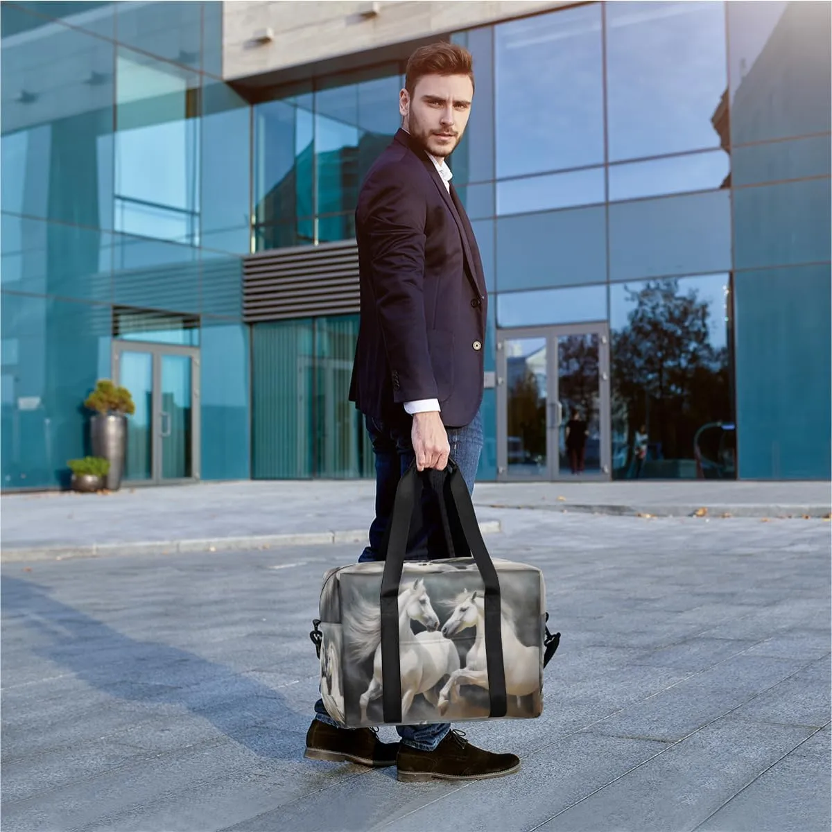 White Horses Long Flowing Manes Womens Travel Bags, Weekender Carry on for Women, Sports Gym Bag, Workout Duffel bag, Overnight Shoulder Bag
