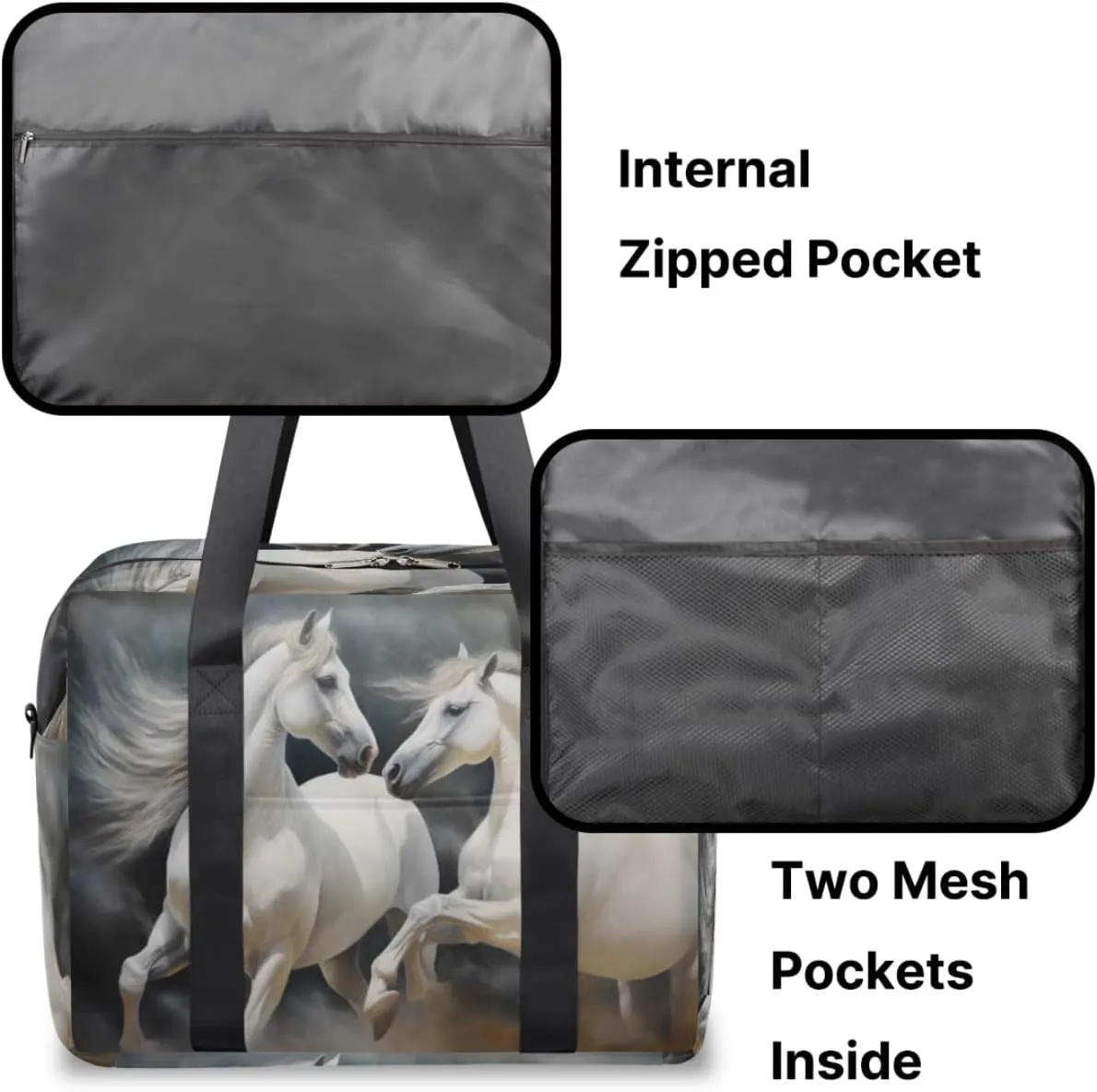 White Horses Long Flowing Manes Womens Travel Bags, Weekender Carry on for Women, Sports Gym Bag, Workout Duffel bag, Overnight Shoulder Bag
