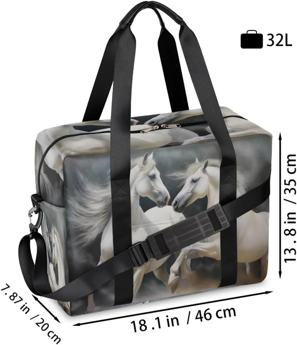 White Horses Long Flowing Manes Womens Travel Bags, Weekender Carry on for Women, Sports Gym Bag, Workout Duffel bag, Overnight Shoulder Bag