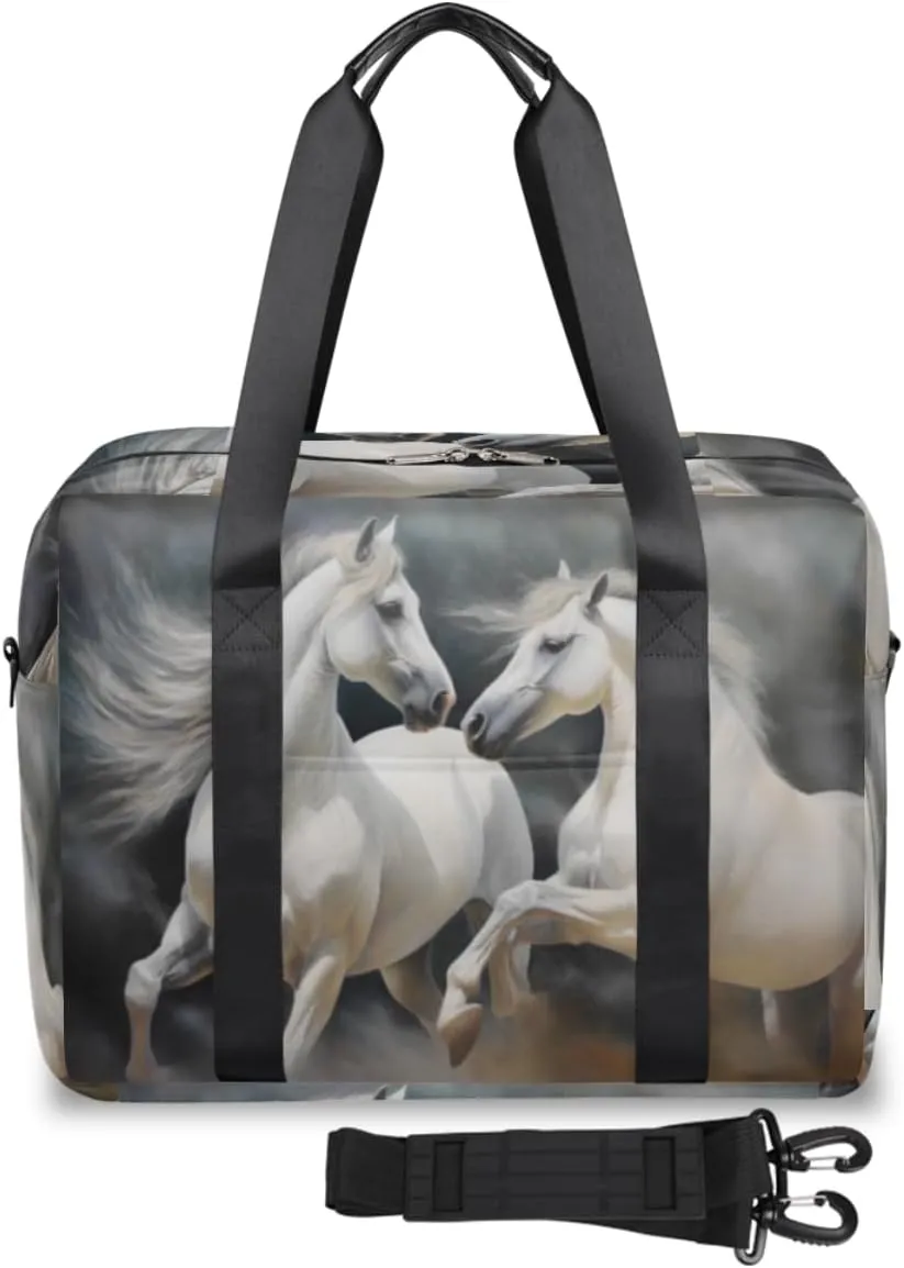 White Horses Long Flowing Manes Womens Travel Bags, Weekender Carry on for Women, Sports Gym Bag, Workout Duffel bag, Overnight Shoulder Bag