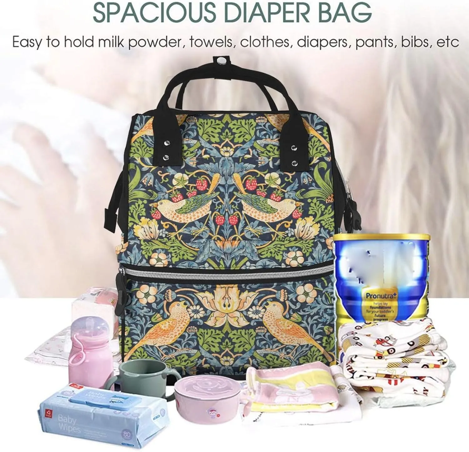 William Morris Strawberry Thief Floral Diaper Bag Backpack For Baby Girls, Mom Waterproof Large Nappy Bags For Women