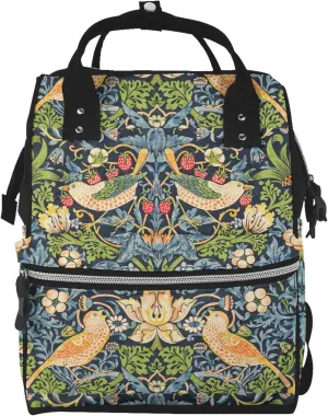 William Morris Strawberry Thief Floral Diaper Bag Backpack For Baby Girls, Mom Waterproof Large Nappy Bags For Women