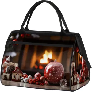 Winter Decorating Fireplace Travel Duffle Bag, Waterproof Duffel Bag Weekender Overnight Carry On Bag Lightweight Sport Gym Bag for Men Women