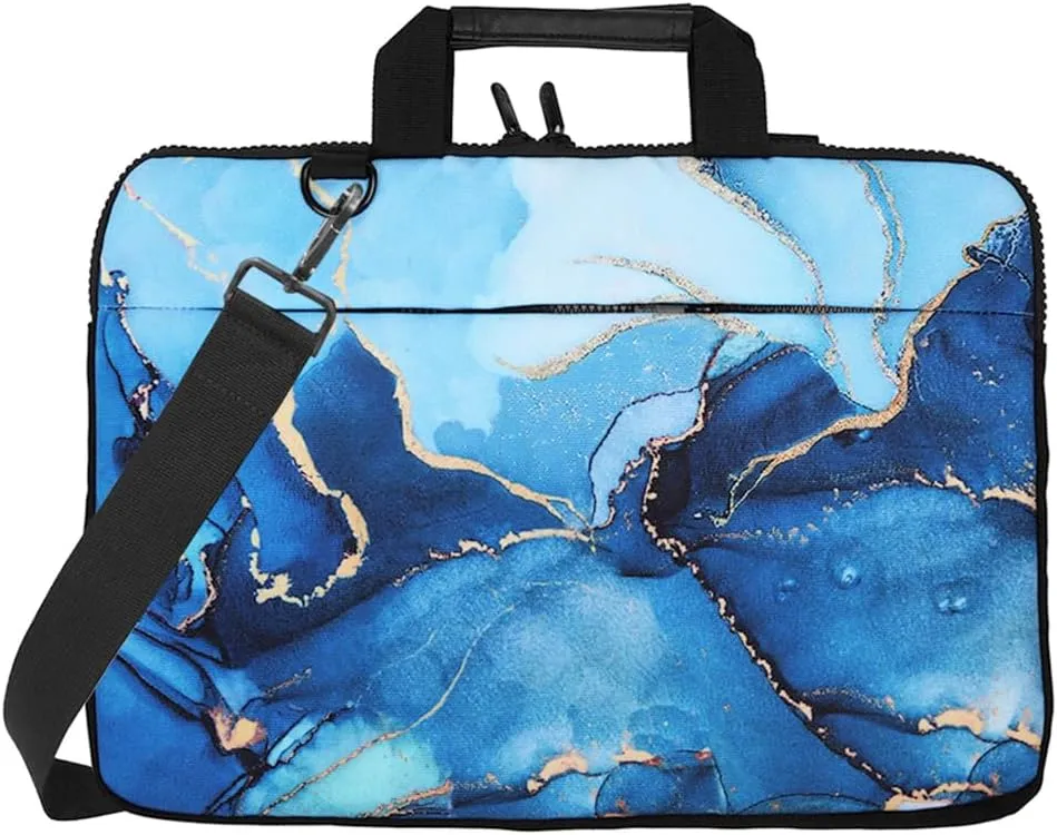 WIRESTER 15 inch Laptop Tablet Sleeve Shoulder Bag, Canvas Handbag Carrying Case with Adjustable Strap Compatible with 14-15.6 Inch Asus Dell Lenovo HP Sony Acer - Marble Gold and Blue