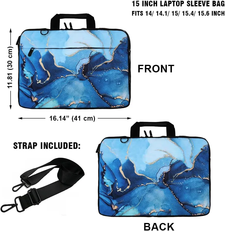 WIRESTER 15 inch Laptop Tablet Sleeve Shoulder Bag, Canvas Handbag Carrying Case with Adjustable Strap Compatible with 14-15.6 Inch Asus Dell Lenovo HP Sony Acer - Marble Gold and Blue