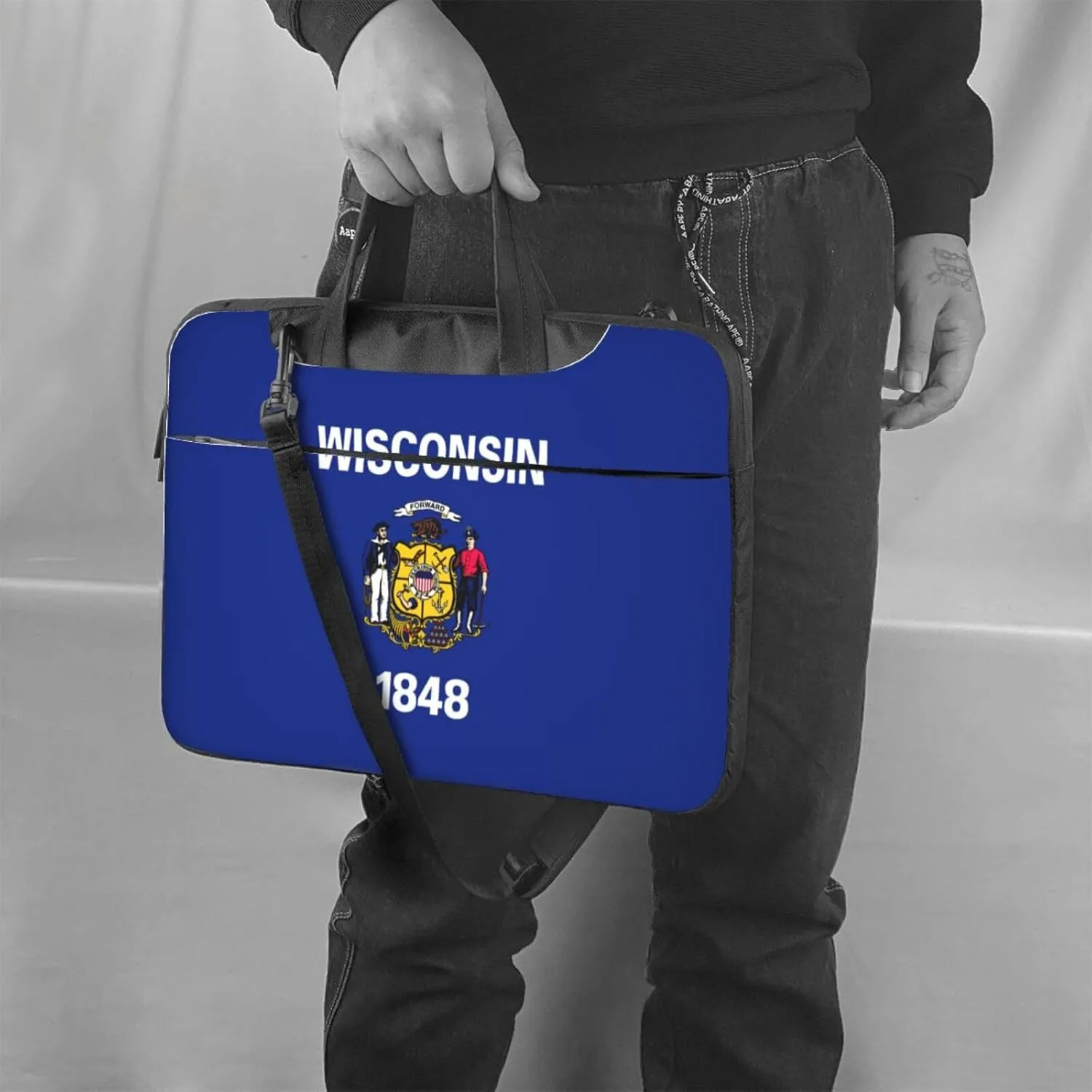 Wisconsin State Flag Print Laptop Adjustable Shoulder Strap With Handle Accessory Pocket For Men Women