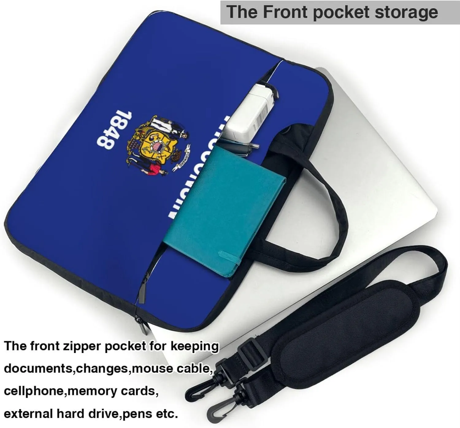 Wisconsin State Flag Print Laptop Adjustable Shoulder Strap With Handle Accessory Pocket For Men Women