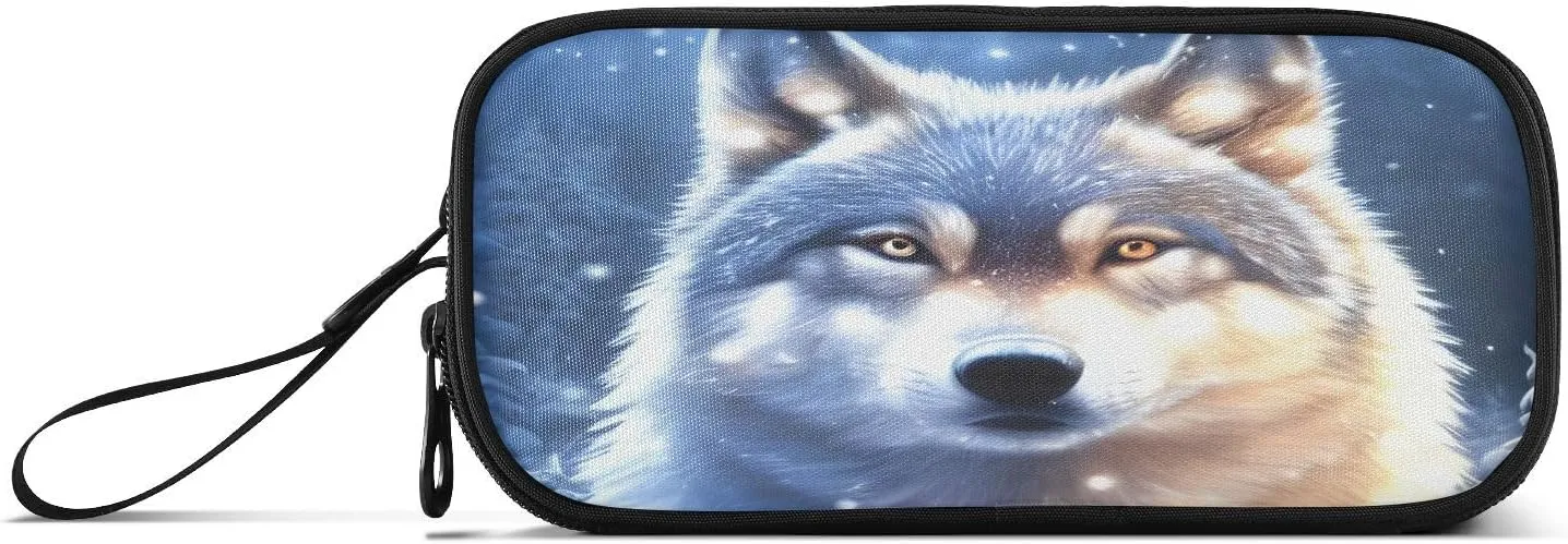 Wolf Snowy Pencil Case Box Boys Girls Large Pencil Pouch Zipper Compartments Big Capacity Stationery Pen Bag Organizer for Kids Teens Adults School