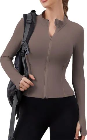 Women Built-In Pockets Athletic Jackets Slim Fit Full Zip up Workout Yoga Gym Jacket with Thumb Holes