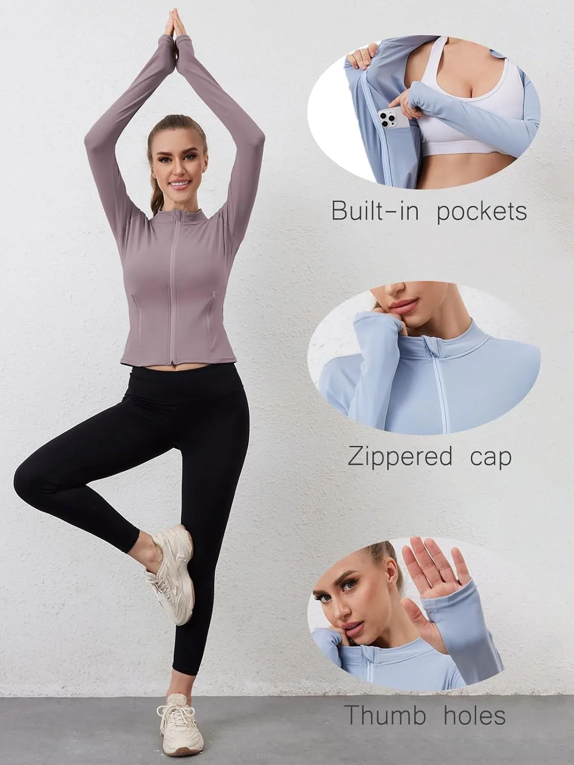 Women Built-In Pockets Athletic Jackets Slim Fit Full Zip up Workout Yoga Gym Jacket with Thumb Holes