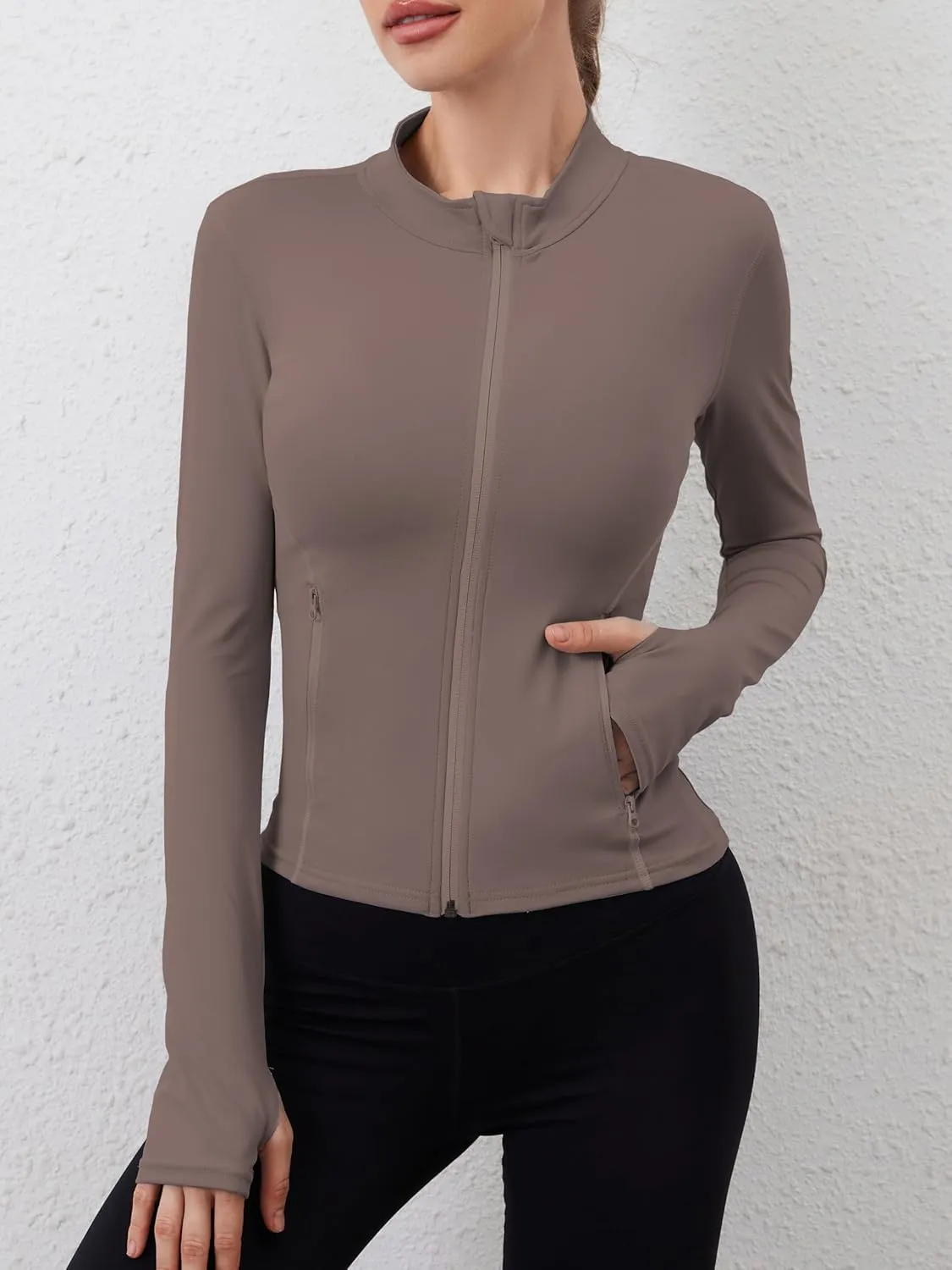Women Built-In Pockets Athletic Jackets Slim Fit Full Zip up Workout Yoga Gym Jacket with Thumb Holes
