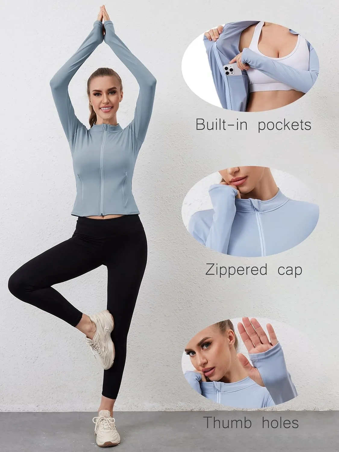 Women Built-In Pockets Athletic Jackets Slim Fit Full Zip up Workout Yoga Gym Jacket with Thumb Holes