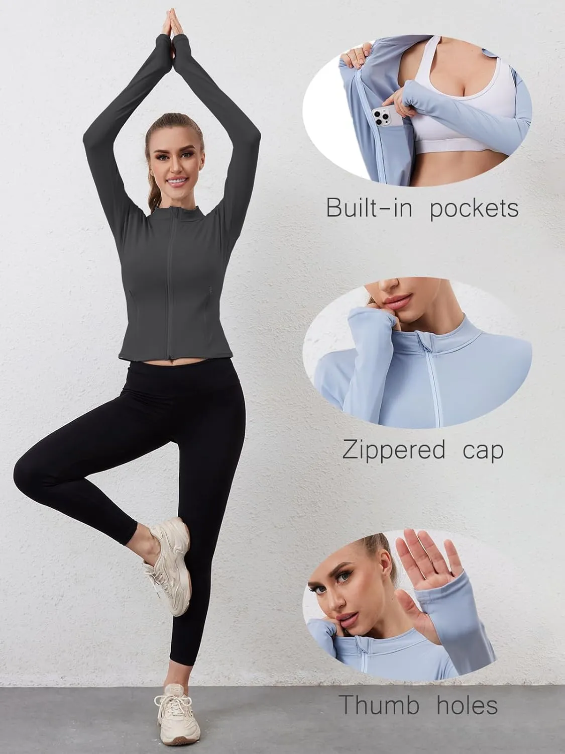 Women Built-In Pockets Athletic Jackets Slim Fit Full Zip up Workout Yoga Gym Jacket with Thumb Holes