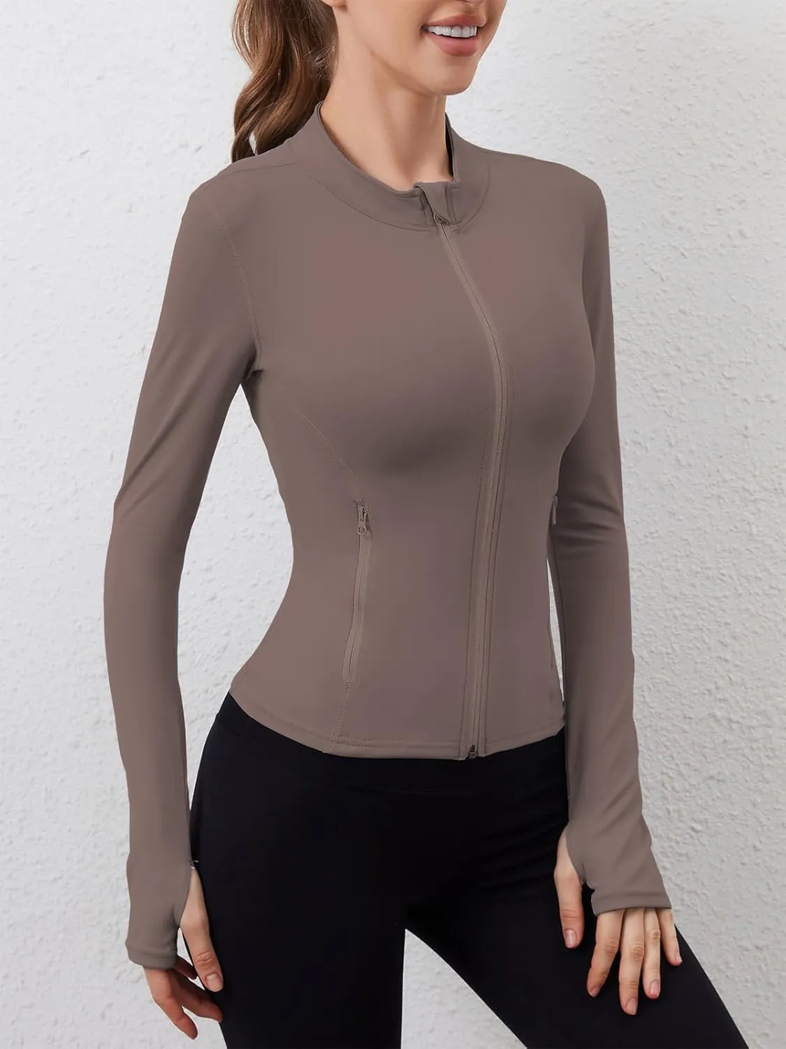 Women Built-In Pockets Athletic Jackets Slim Fit Full Zip up Workout Yoga Gym Jacket with Thumb Holes