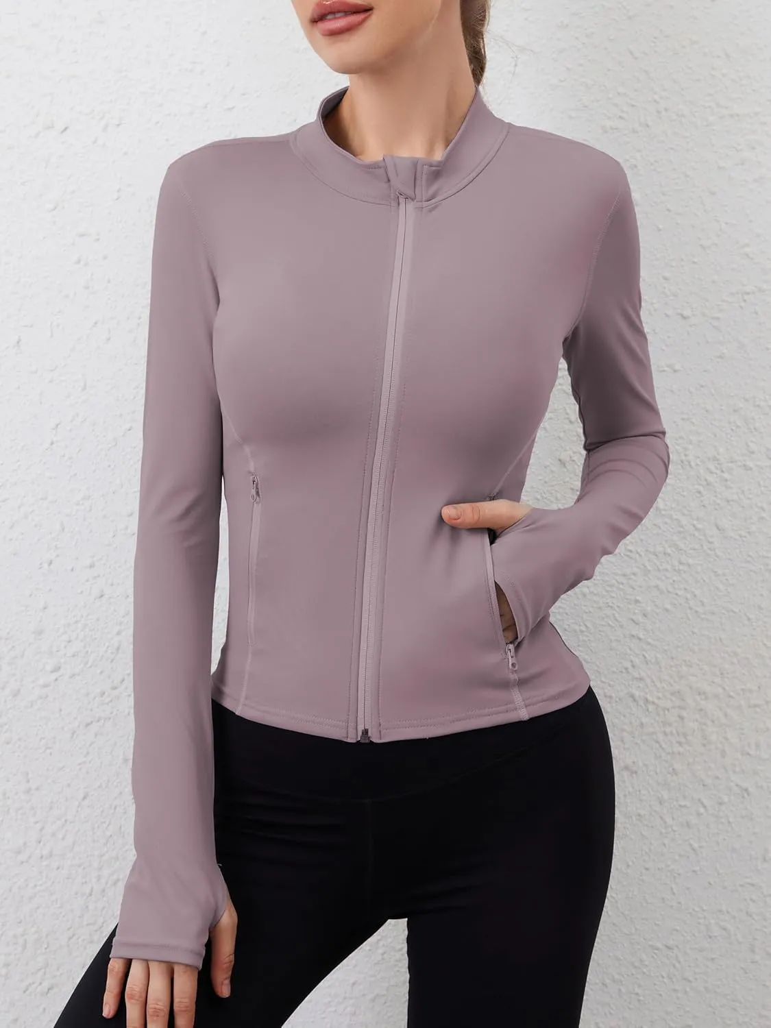 Women Built-In Pockets Athletic Jackets Slim Fit Full Zip up Workout Yoga Gym Jacket with Thumb Holes