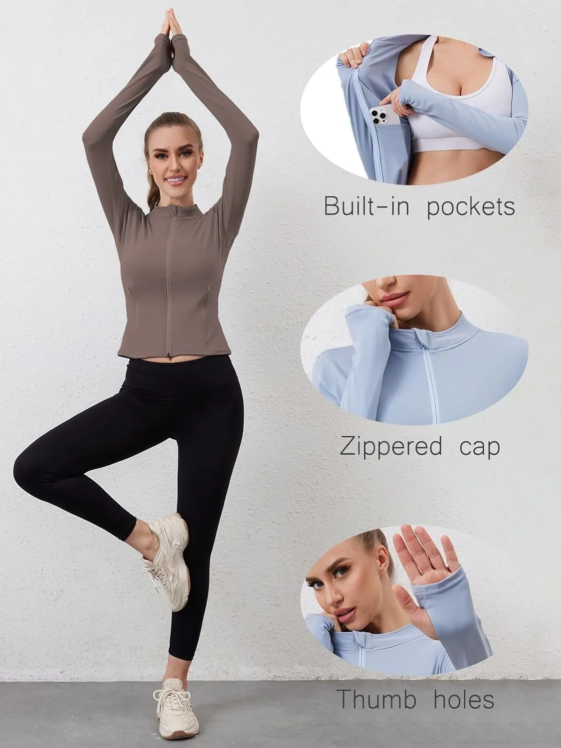Women Built-In Pockets Athletic Jackets Slim Fit Full Zip up Workout Yoga Gym Jacket with Thumb Holes