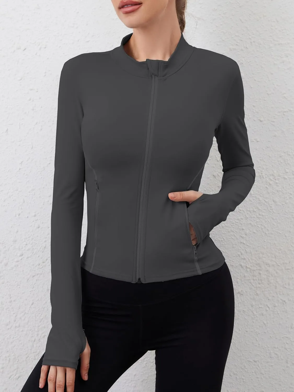 Women Built-In Pockets Athletic Jackets Slim Fit Full Zip up Workout Yoga Gym Jacket with Thumb Holes