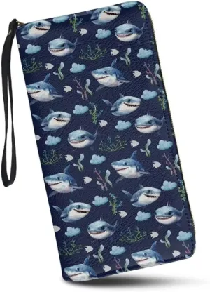 Women Clutch Wallet With Coin Pocket Blue Dolphin Print Credit Card Holder Purse Long PU Leather Cash With Wristlet