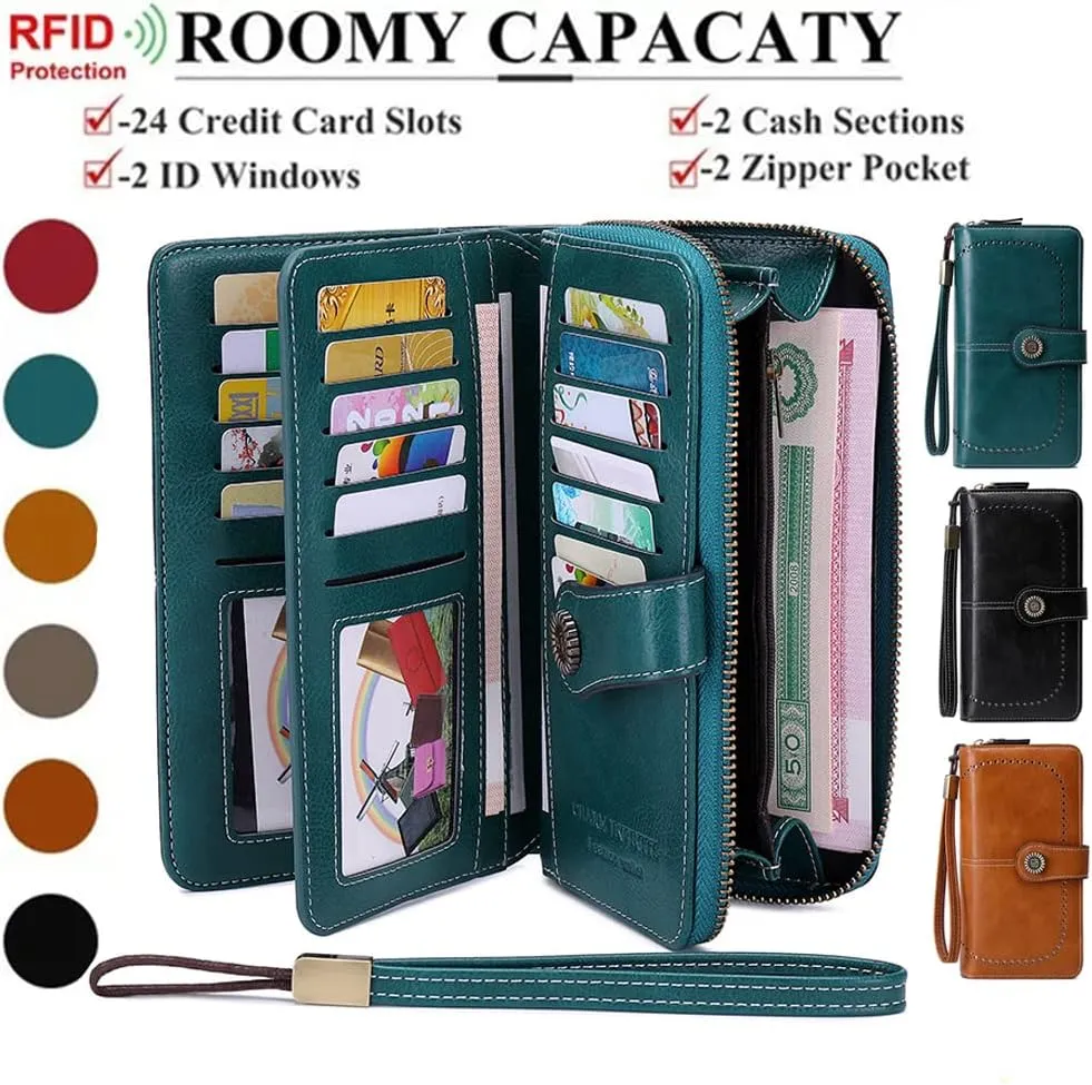 Women Leather Wallet Crossbody Shoulder Bag with Double Zipper and Mobile Phone Purse with Shoulder Strap