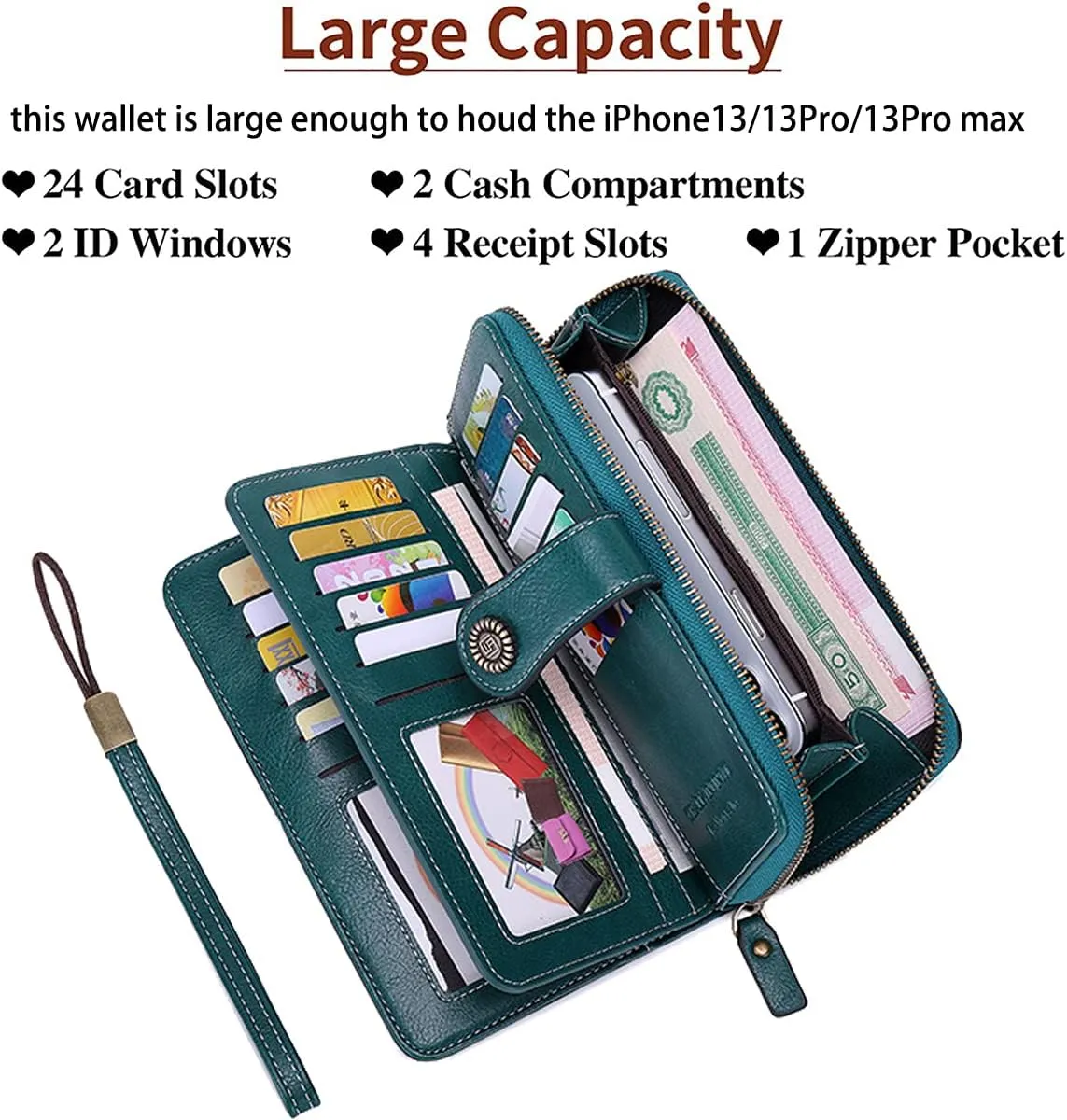 Women Leather Wallet Crossbody Shoulder Bag with Double Zipper and Mobile Phone Purse with Shoulder Strap
