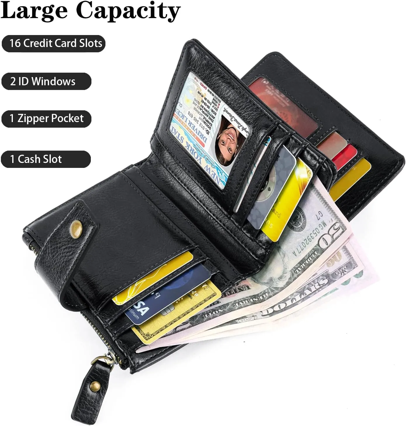 Women Leather Wallet RFID Blocking Small Bifold Zipper Pocket Wallet Card Case Purse with ID Window, Cow