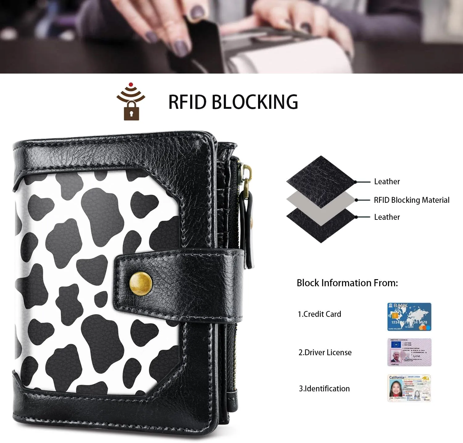 Women Leather Wallet RFID Blocking Small Bifold Zipper Pocket Wallet Card Case Purse with ID Window, Cow