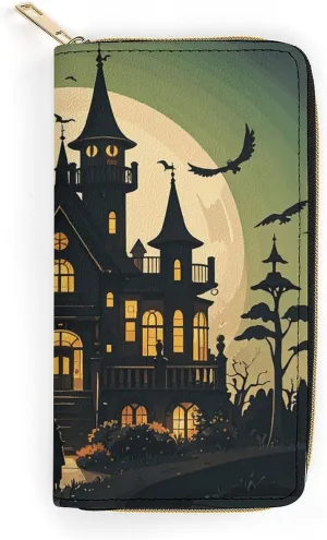 Women Wallet Black Haunted Mansion Leather Wallet for Work Zip Wallet Phone Holder Long Purse Ultra Thin Wallet with Zipper Pocket for Shopping
