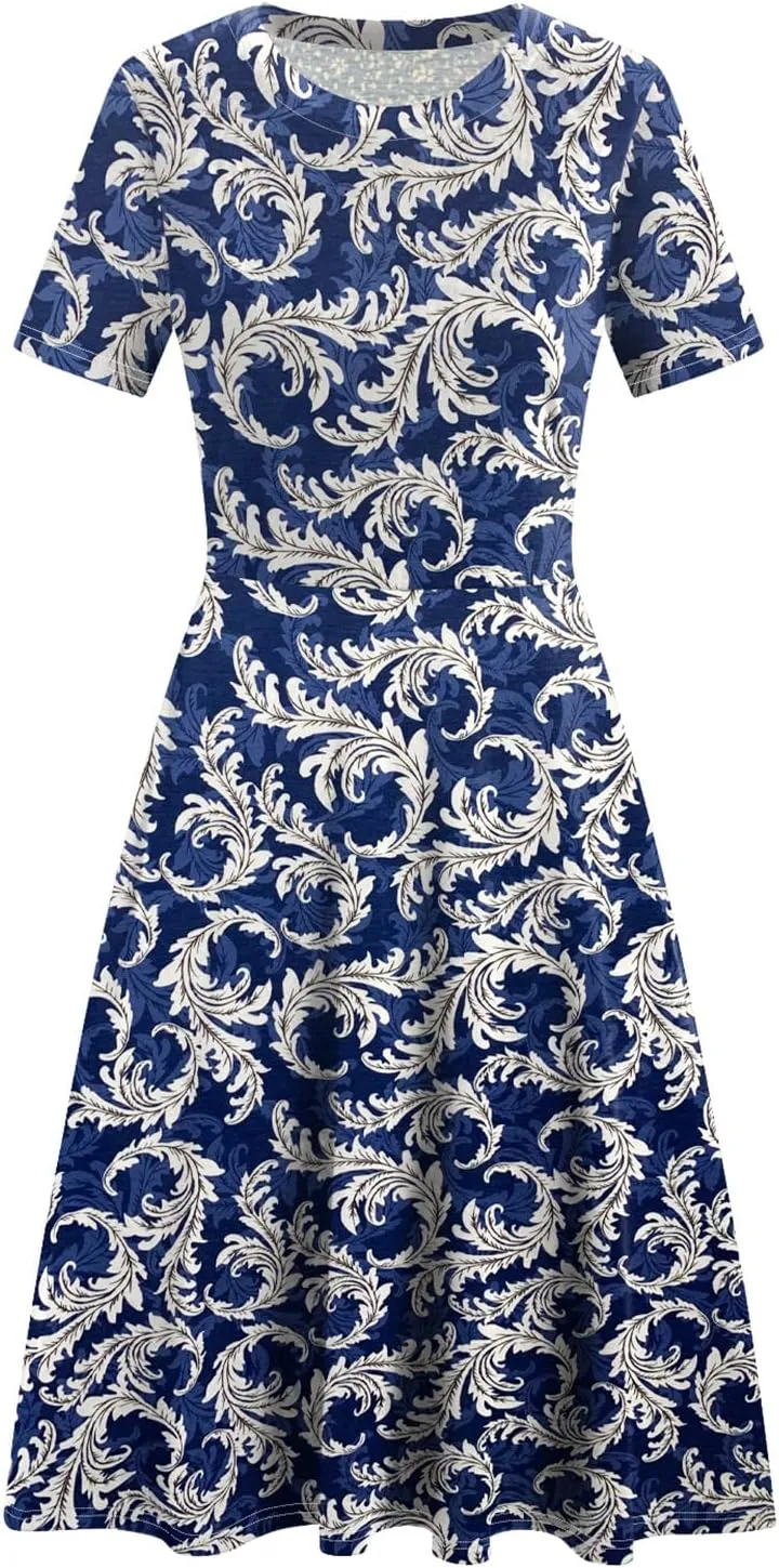 Women's 2025 Fit and Flare Dress Summer Casual Elegant Vintage Floral Printed Work Party A-line Dress with Pockets 162