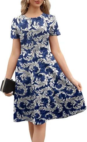 Women's 2025 Fit and Flare Dress Summer Casual Elegant Vintage Floral Printed Work Party A-line Dress with Pockets 162