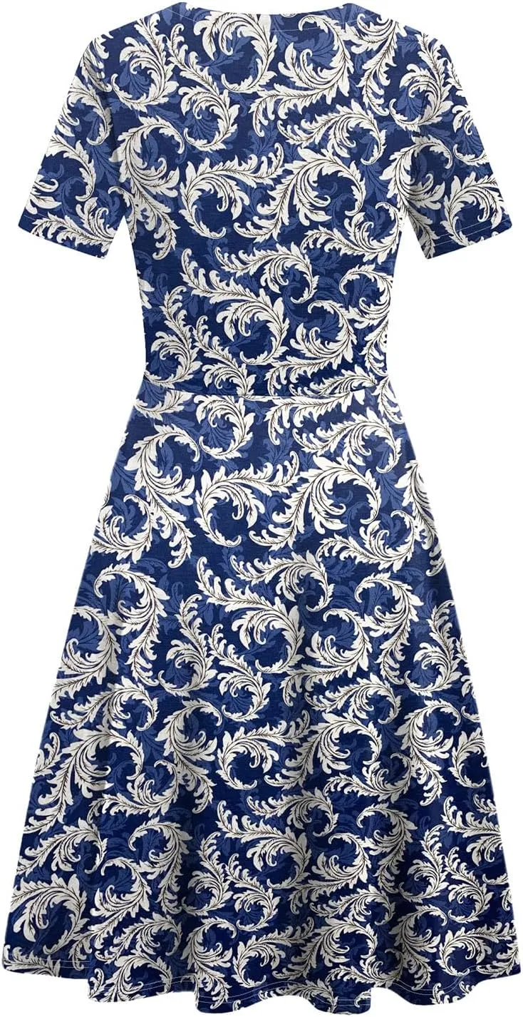 Women's 2025 Fit and Flare Dress Summer Casual Elegant Vintage Floral Printed Work Party A-line Dress with Pockets 162