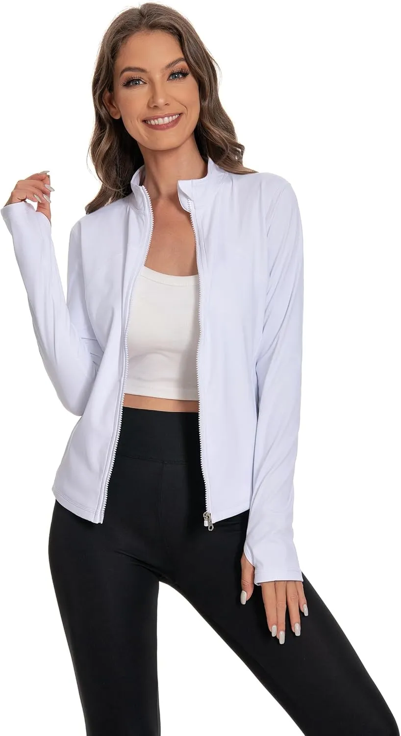Women's Athletic Full Zip Lightweight Workout Jacket，Outdoor Slim Fit Yoga Jackets with Pockets Thumb Holes