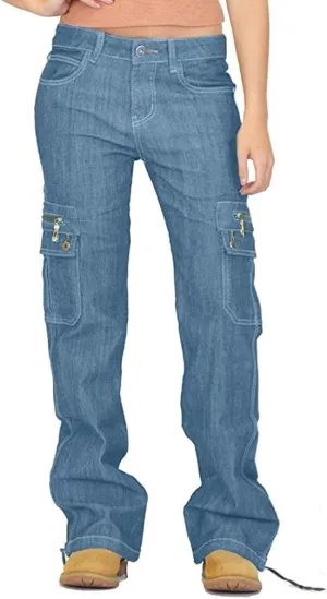 Womens Baggy Cargo Jeans Pants Utility Stretch Low Waist Drawstring Bottom Boyfriend Denim Trouser with Flap Pockets