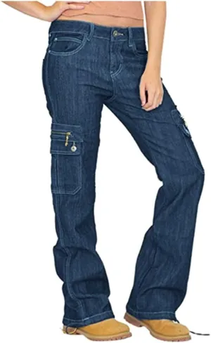 Womens Baggy Cargo Jeans Pants Utility Stretch Low Waist Drawstring Bottom Boyfriend Denim Trouser with Flap Pockets