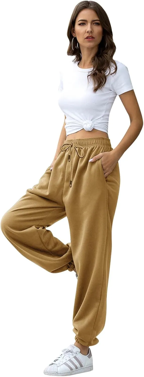 Womens Cinch Bottom Sweatpants Pockets High Waist Sporty Gym Athletic Fit Jogger Pants Lounge Trousers