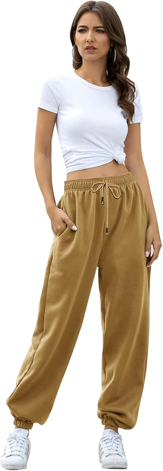 Womens Cinch Bottom Sweatpants Pockets High Waist Sporty Gym Athletic Fit Jogger Pants Lounge Trousers