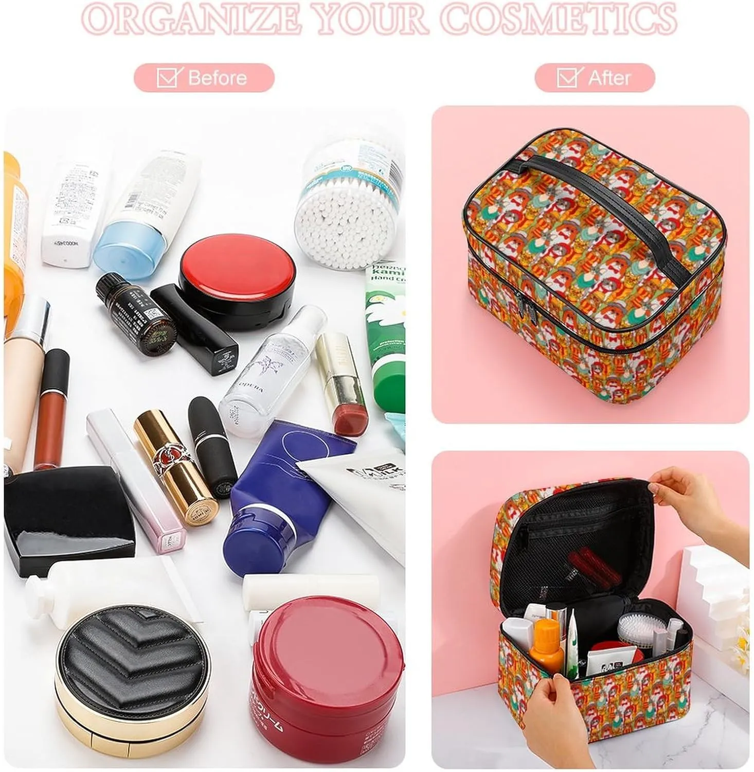 Womens Cute Colorful Cats Make Up Bag Organizer With Compartments Handle Men Makeup Toiletry Bags Waterproof Soft Leather Skincare Cosmetic Box For Travel Camping Wedding