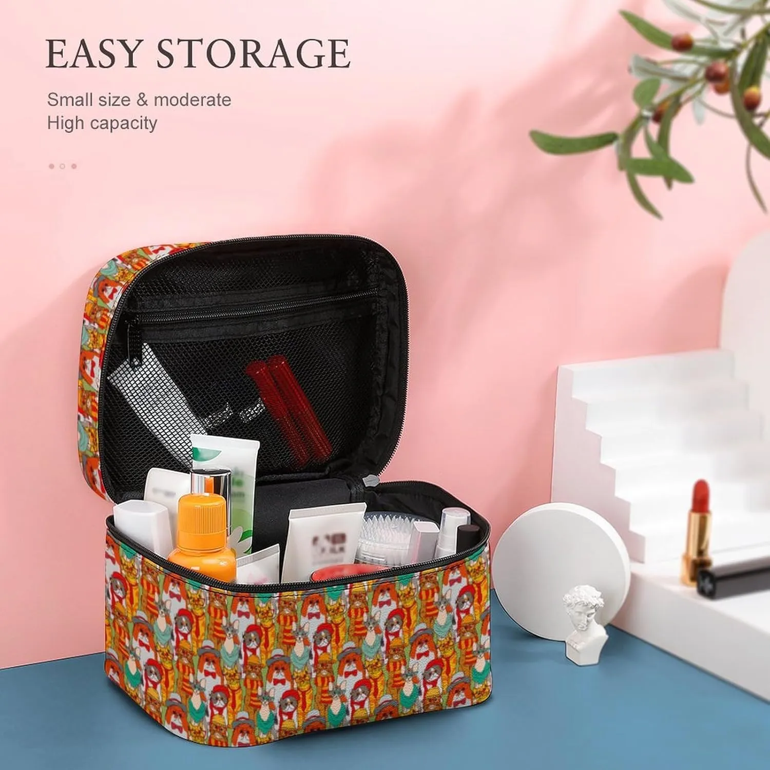 Womens Cute Colorful Cats Make Up Bag Organizer With Compartments Handle Men Makeup Toiletry Bags Waterproof Soft Leather Skincare Cosmetic Box For Travel Camping Wedding
