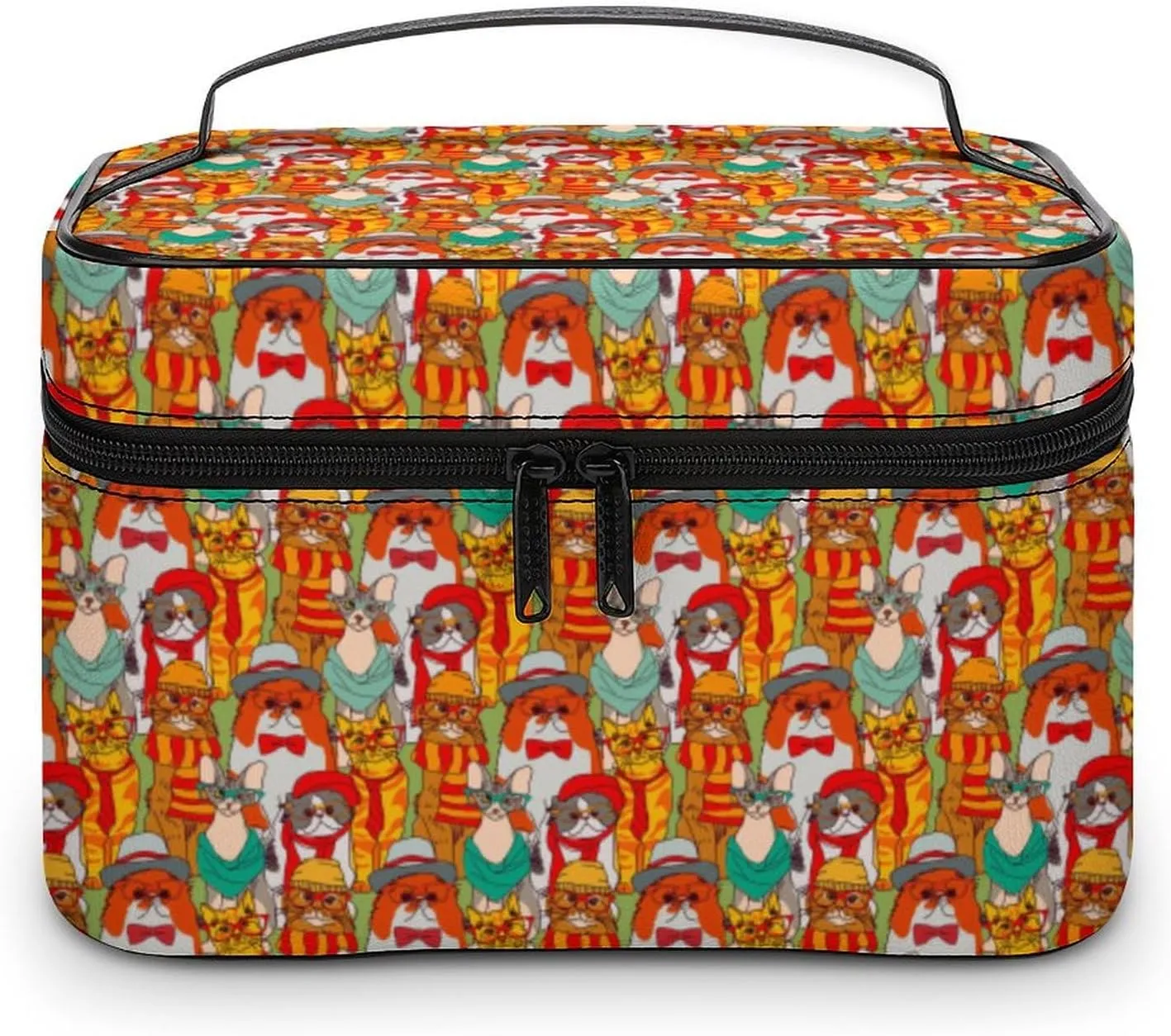 Womens Cute Colorful Cats Make Up Bag Organizer With Compartments Handle Men Makeup Toiletry Bags Waterproof Soft Leather Skincare Cosmetic Box For Travel Camping Wedding