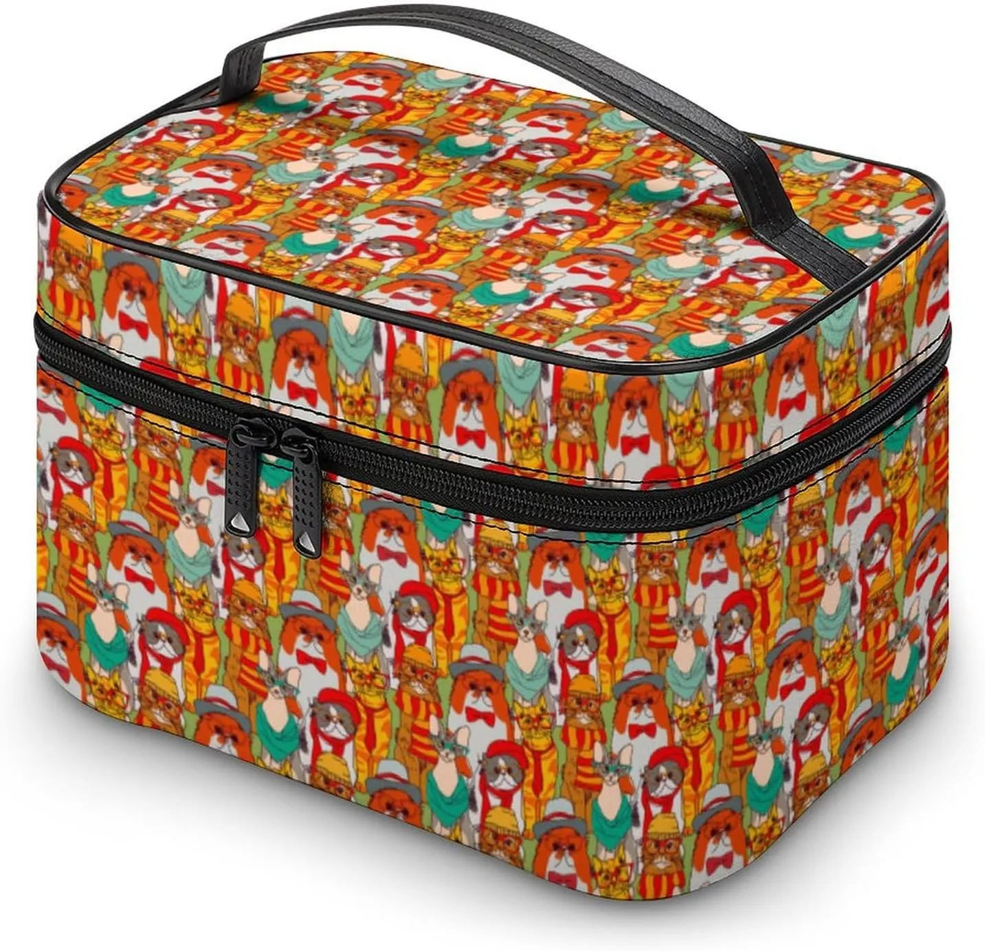Womens Cute Colorful Cats Make Up Bag Organizer With Compartments Handle Men Makeup Toiletry Bags Waterproof Soft Leather Skincare Cosmetic Box For Travel Camping Wedding